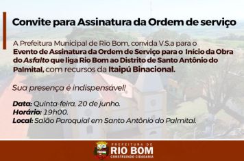 Prefeito convida para assinatura da ordem de serviço de asfalto em Santo Antônio do Palmital