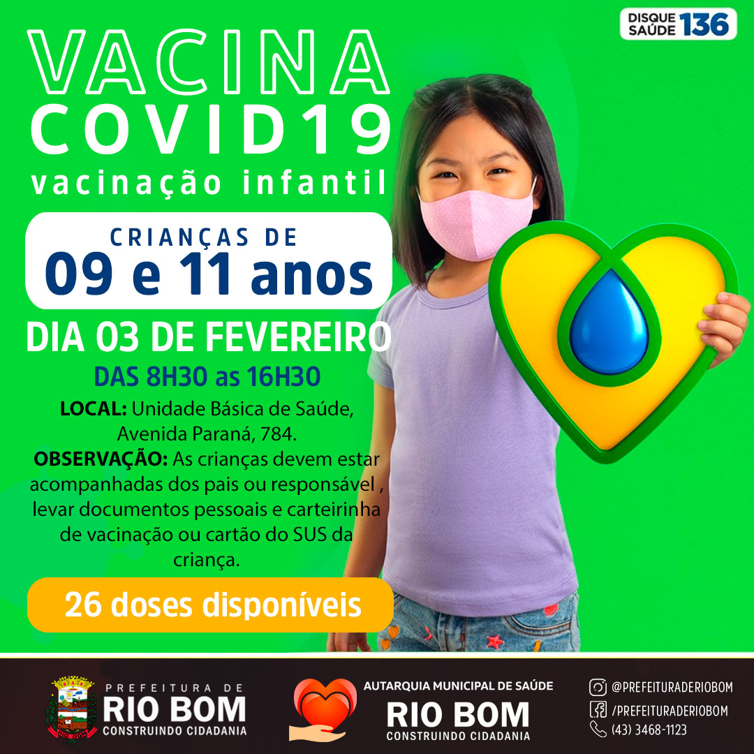 Covid-19: Vacinação para crianças com 09 ou 11 anos inicia nesta quinta-feira, 03