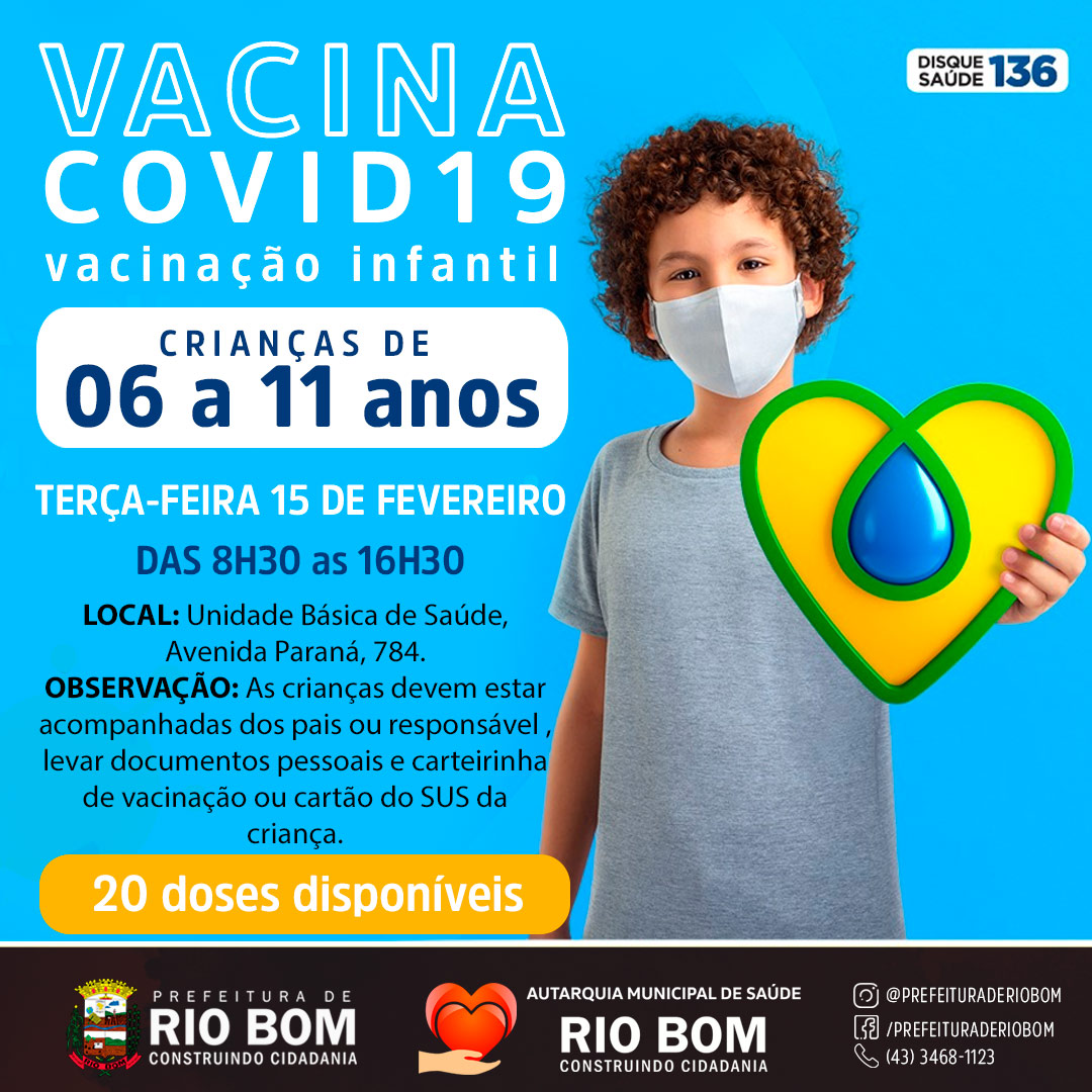 Covid-19: Vacinação para crianças de 06 a 11 anos inicia nesta terça-feira, 15