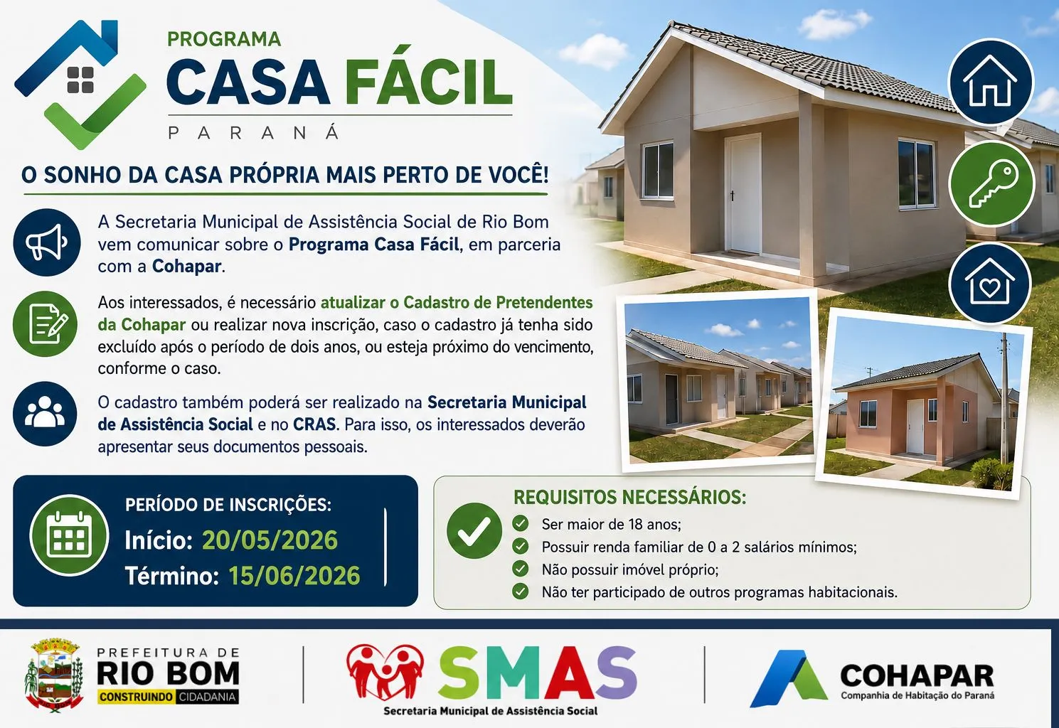 Casa Fácil: Rio Bom abre inscrições para programa habitacional em parceria com a Cohapar