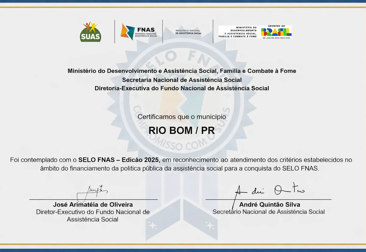 Rio Bom conquista o Selo FNAS 2025, reconhecimento nacional na área de assistência social